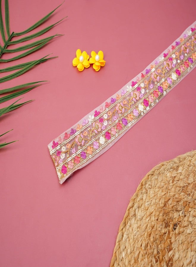 DaSync دانتيل وردي من داسينك، مطرز بتطريزات زهرية، مناسب للساري والبلوزات والأوشحة المتعددة، وفساتين النساء، والبدلات، والتنانير، والفساتين القصيرة، والشالات، والحرف اليدوية، بطول 9 أمتار. - Image 3